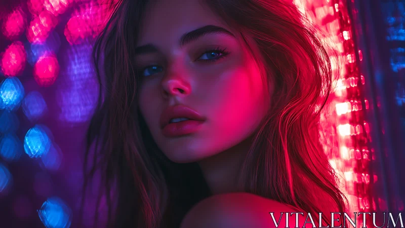 Female subject stands before neon bokeh under mixed lighting