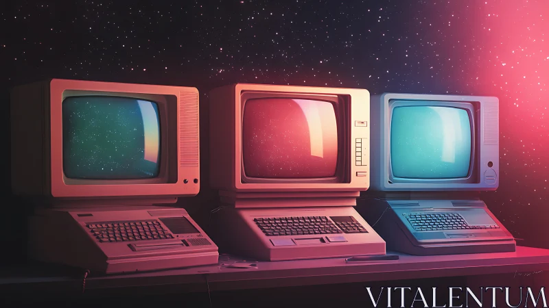 Three vintage desktop computers glow against starry backdrop