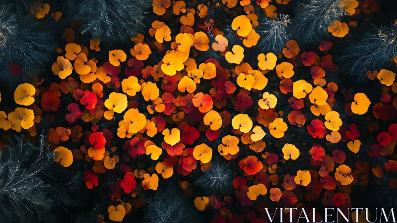 Autumn foliage canopy captured in high-contrast aerial composition