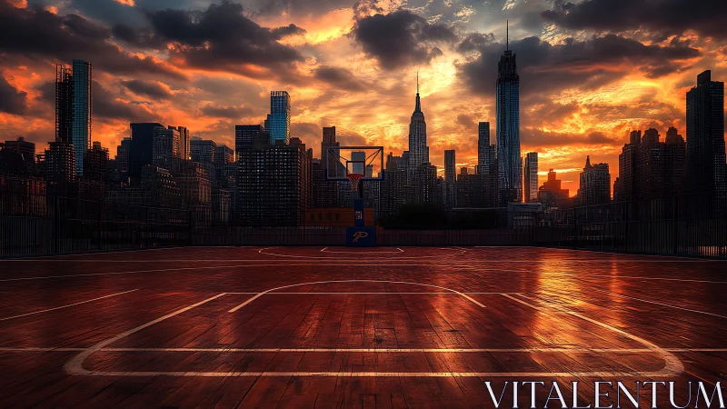 Urban rooftop court under thermally saturated sunset sky.