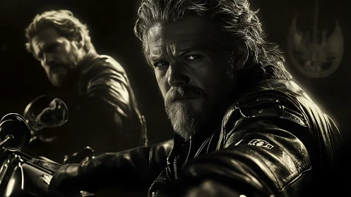 Brooding biker portrait under cinematic low-key light.