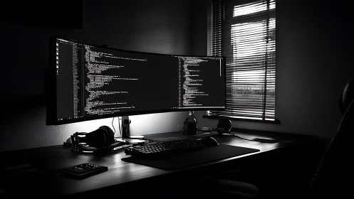 Ultrawide coding workstation in high-contrast monochrome lighting