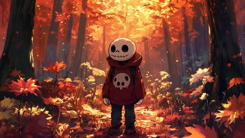Skeleton-hooded child stands in high-saturation autumn forest light