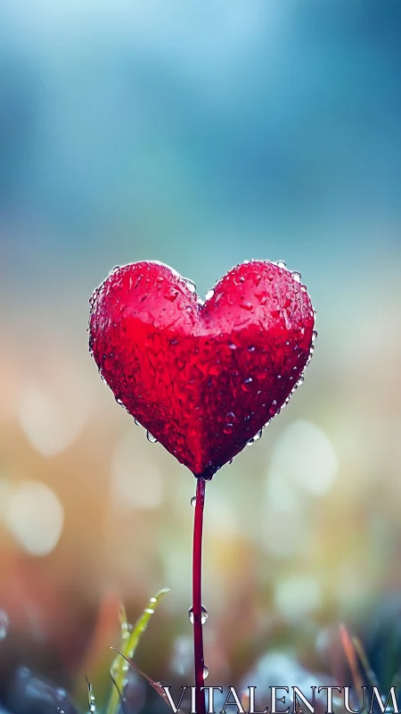 Red Heart-Shaped Flower Covered in Morning Dew Droplets.