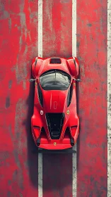 Aerial view isolates red supercar within distressed red lane
