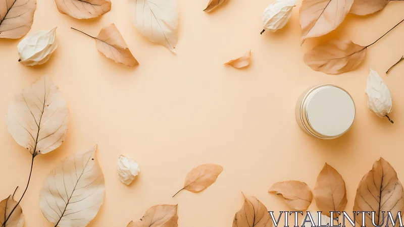 Whispering autumn leaves circle a minimalist cream jar.