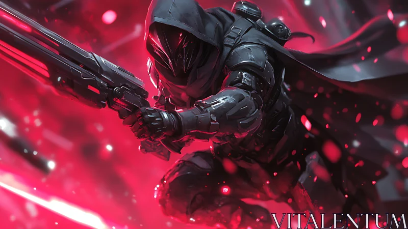 Cybernetic rogue in red-lit combat vortex mid-leap.