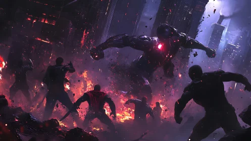 Armored mech battling soldiers in burning cityscape.