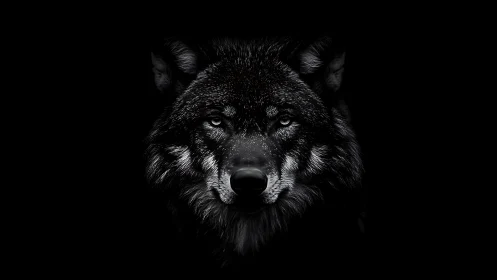 Black wolf portrait in stark front view on dark background.