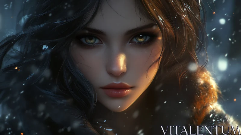 Winter portrait of intense woman amid falling snowflakes.