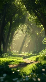 Forest Canopy with Sunlit Path Through Tall Trees.