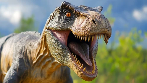 Roaring dinosaur moment in bright prehistoric sunshine.