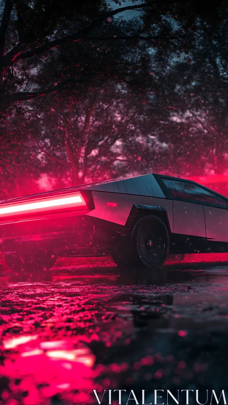 Angular electric truck with neon rear light in wet forest corridor.