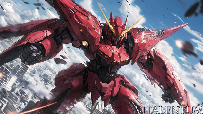 Crimson skybreaker mecha storms a sunlit futuristic skyline.