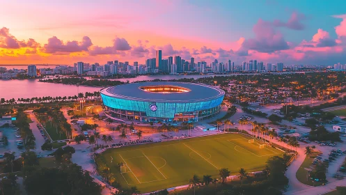 Sunset aerial stadium panorama renders neon-lit urban skyline