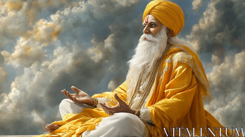 Cloudborne sage in golden meditation robes of quiet fire.