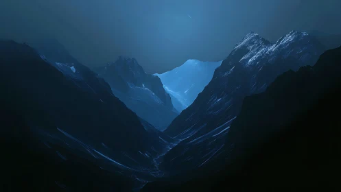 Nocturnal glacial corridor in high-altitude alpine basin.