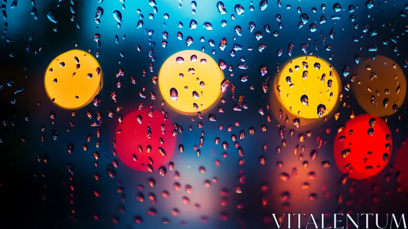 Defocused colored lights appear behind rain droplets on glass