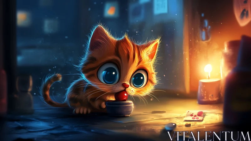 Luminous Kitten's Solitary Moment in Candlelit Darkness.