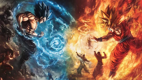 Opposing anime warriors channel elemental auras in dynamic clash