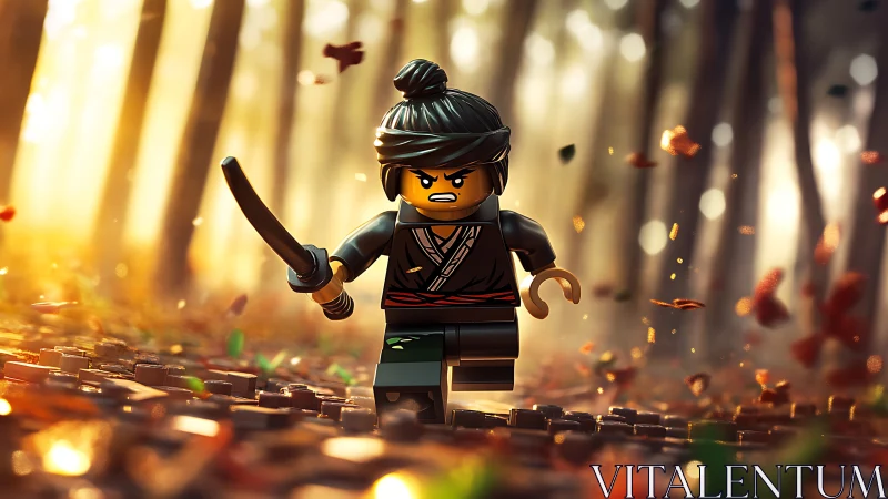 Tiny plastic ronin sprints through a blazing bokeh forest