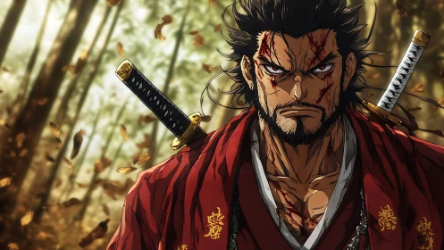 Battle-scarred samurai stares forward amid drifting forest leaves