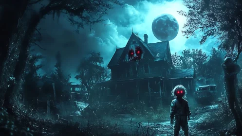 Eerie moonlit farmhouse watched by glowing red eyes.