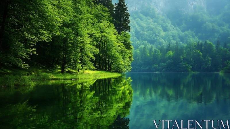 Emerald forest lake mirrors tranquil mountainside silence