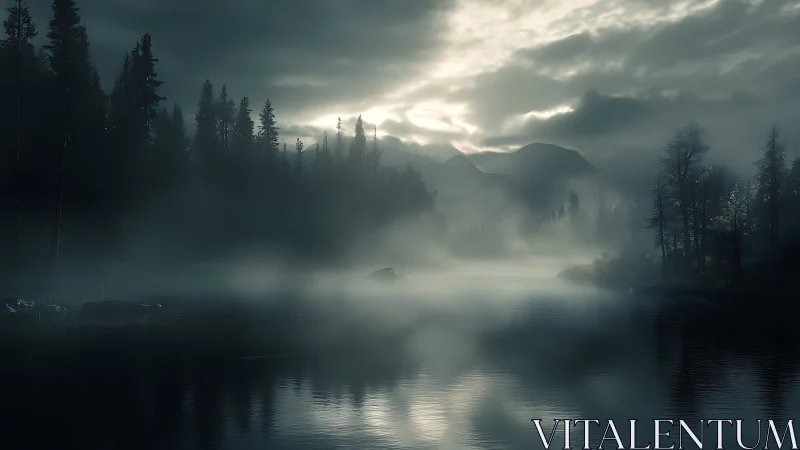 Fog covers still forest lake beneath overcast mountain sky