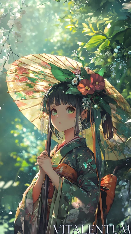 Forest parasol daydream, kimono girl in floating petals.