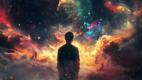 Silhouetted observer confronting luminous cosmic nebula gateway.
