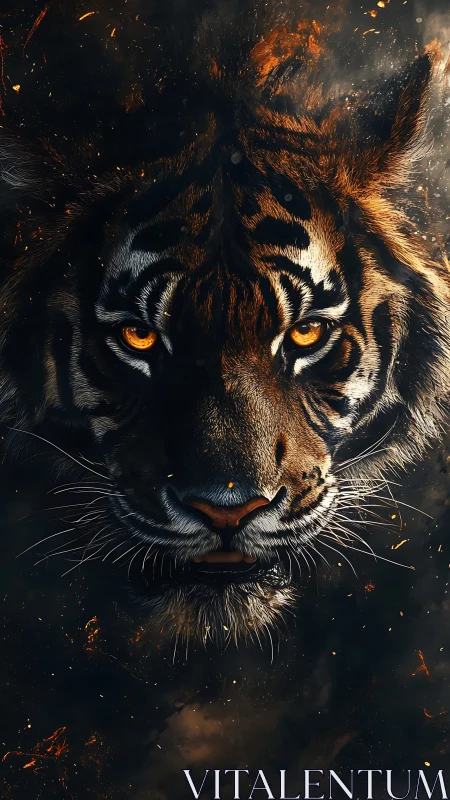 Hyper-detailed tiger portrait with glowing embers and dramatic contrast