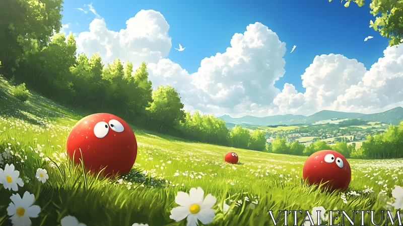 Digital painting of red cartoon spheres in pastoral meadowscape.