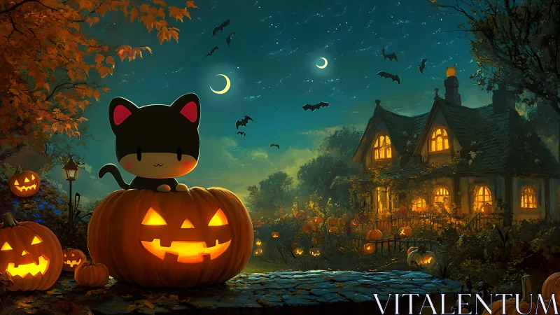 Adorable Black Cat Perches on Glowing Jack-o-Lantern