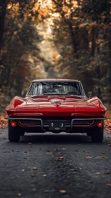 Classic red sports coupe stands parked on forest road