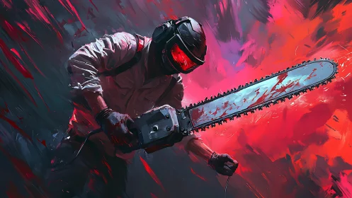 Armored chainsaw wielder cuts through abstract neon chaos