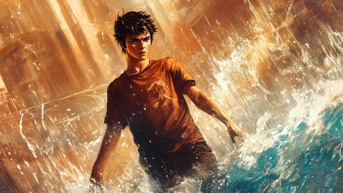 Teen boy strides through crashing water in warm light