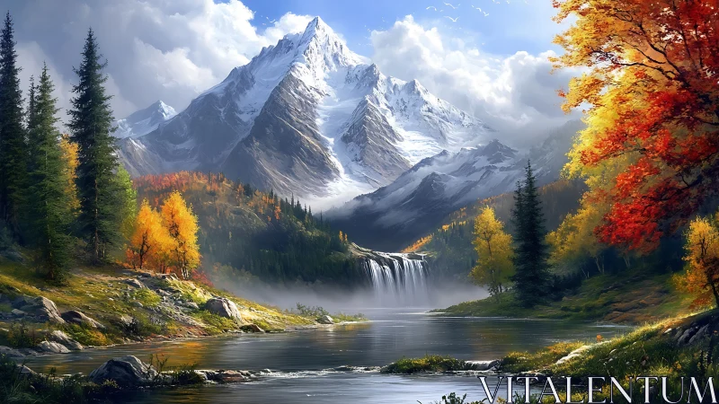 Autumn cascades beneath a silver-crowned mountain kingdom.