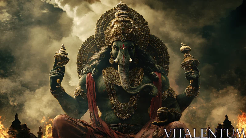 Elephant-headed multi-armed deity sits amid dense storm clouds