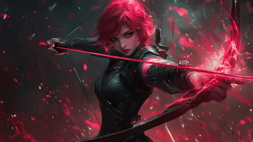 Crimson archer ignites a storm of neon embers in battle.