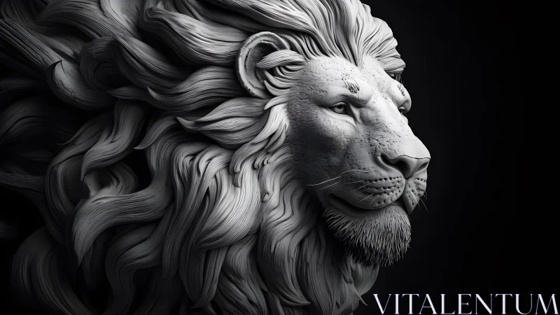 Majestic Lion Portrait in Detailed Monochrome Sculpture Style.