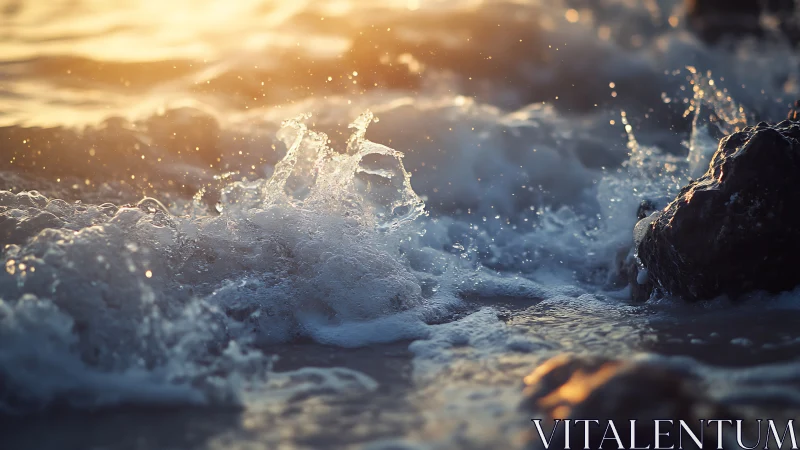 Sea surf impacts shoreline rocks under low angled sunlight