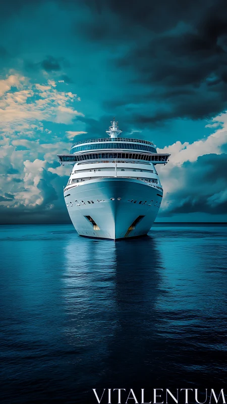 Front view of large white cruise ship on open sea.