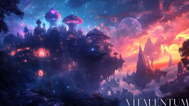 Bioluminescent skyborne citadel over fractal twilight archipelago.