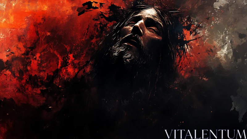 Tormented male face emerging from dark red chaos.