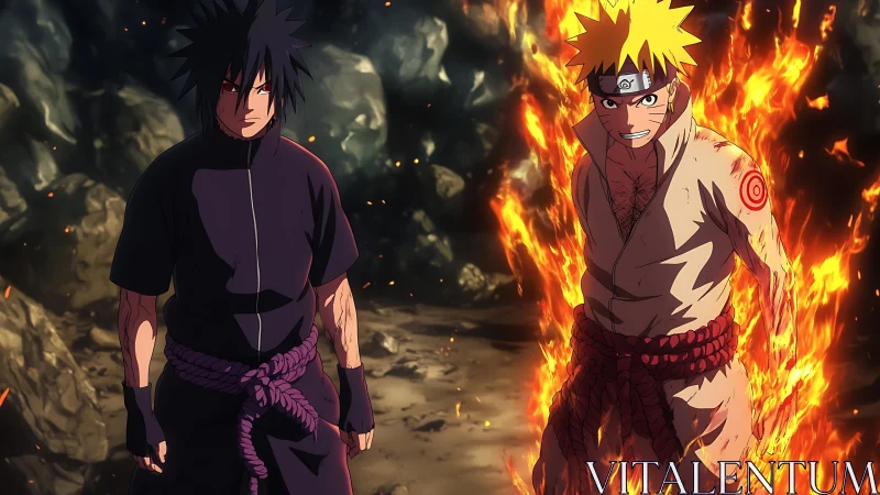 Rival anime warriors stand opposed in fiery battle scene.