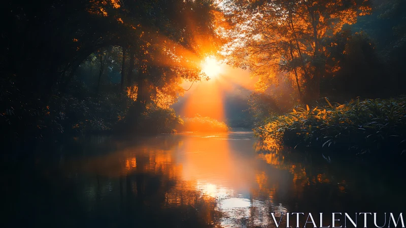 Golden sunrise pierces misty forest river with radiant beams