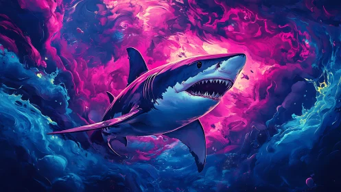 Neon storm shark slicing through cosmic ocean colorfields.