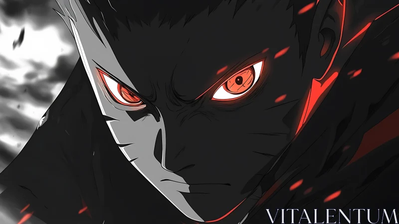 Close anime face uses high-contrast lighting and red effects