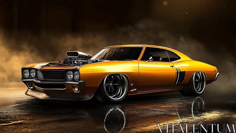 Golden muscle car render shows low stance and exposed engine
